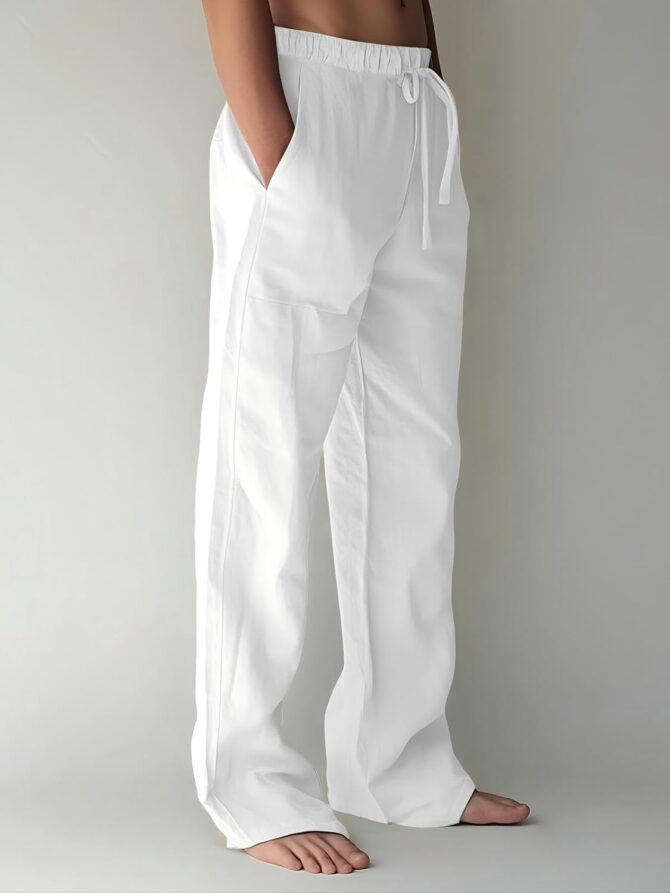 Mens Cotton Linen Pants, Summer Beach Pants Casual Loose Fit with Elastic Waist Drawstring - Image 2