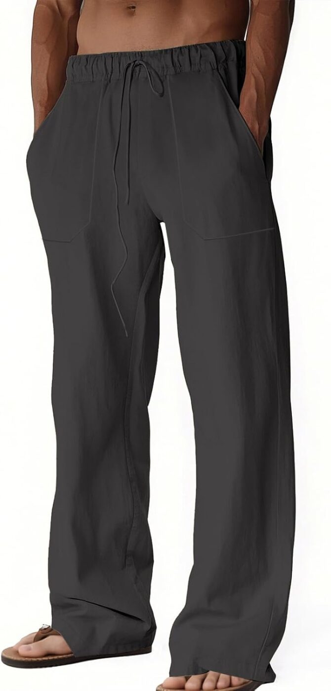 Men's Casual Cotton Linen Pants Elastic Waist Drawstring Summer Beach Lightweight Loose Yoga Linen Trousers Pockets