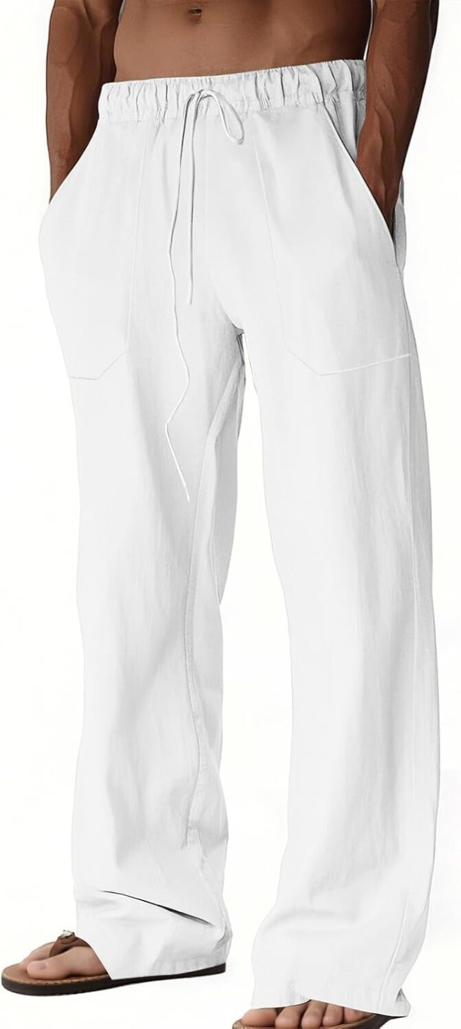 Men's Casual Linen Pants Summer Beach Trousers Loose Fit Straight-Legs Elastic Drawstring Waist Yoga Trousers