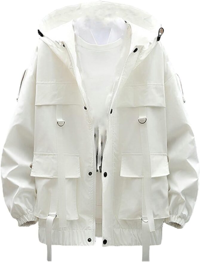Mens Hip Hop Streetwear Windbreaker Jacket Lightweight Casual Outdoor Bomber with Ribbons Coat