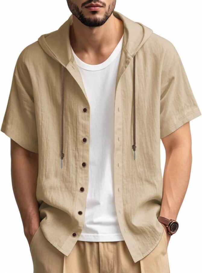 Men’s Summer Linen Shirt Short Sleeved Button Down Shirts Lightweight Cardigan Hooded Shirt Outdoor Casual Tops