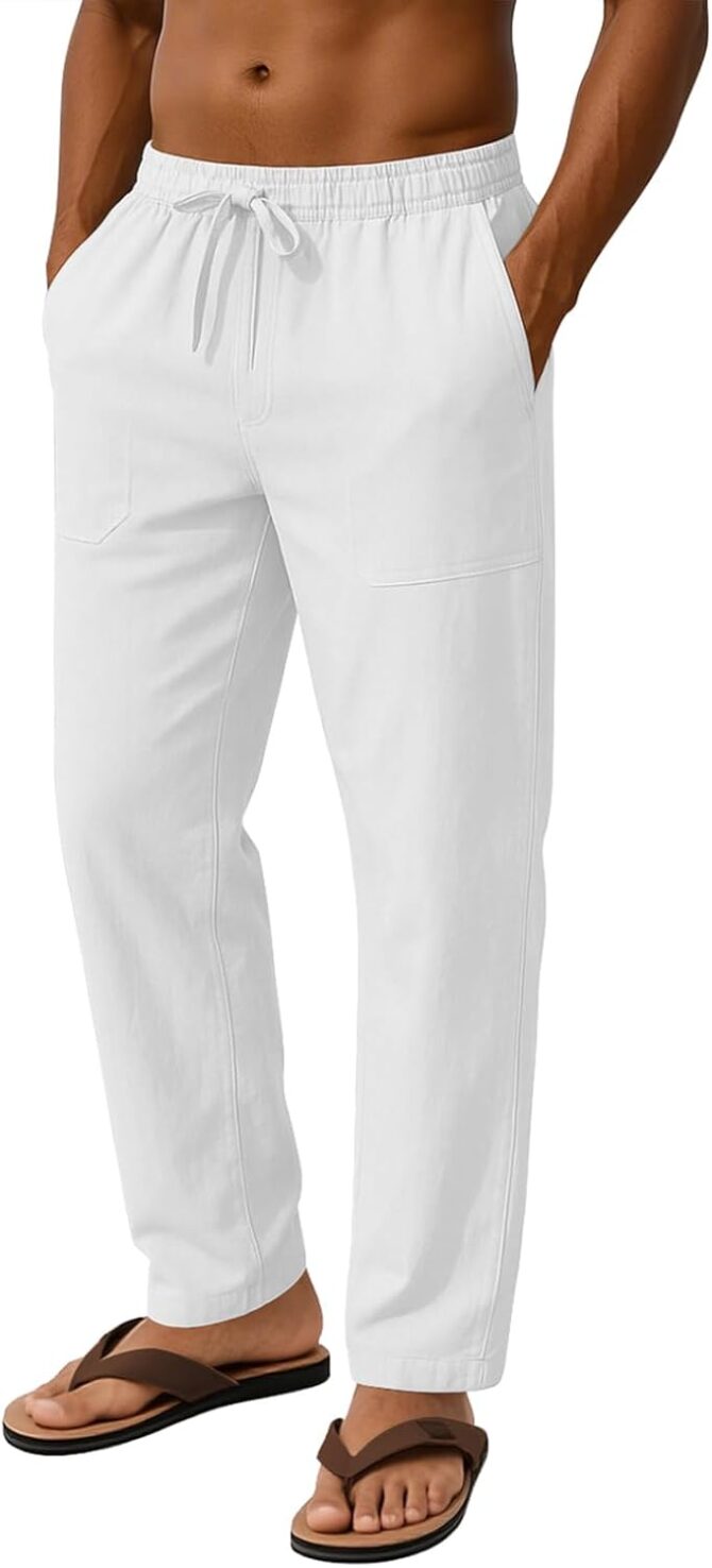 Men's Casual Linen Pants Summer Beach Trousers Loose Fit Straight-Legs Elastic Drawstring Waist Yoga Trousers - Image 2