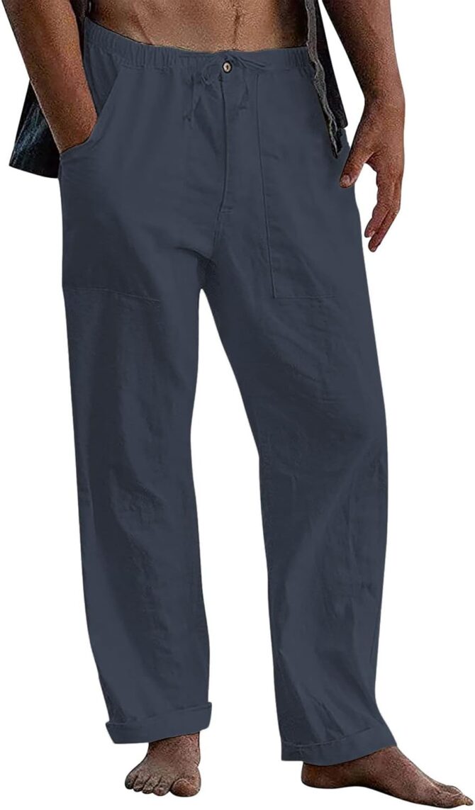 Men’s Cotton Linen Pants Drawstring Loose Beach Pants with Pockets