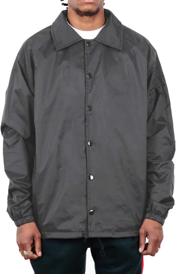 Men’s Coach Jacket – Classic Windbreaker Nylon Water Resistance Relaxed Fit Snaps Blank Coat