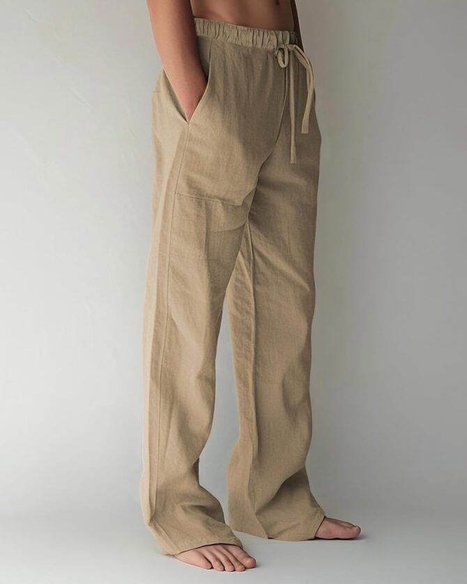 Men's Linen Pants Summer Cotton Beach Trousers Casual Lightweight Elastic Drawstring Waist Yoga Pants - Image 2