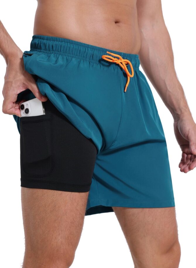 Mens Swim Trunks with Compression Liner Quick Dry Beach Shorts with Zipper Pockets