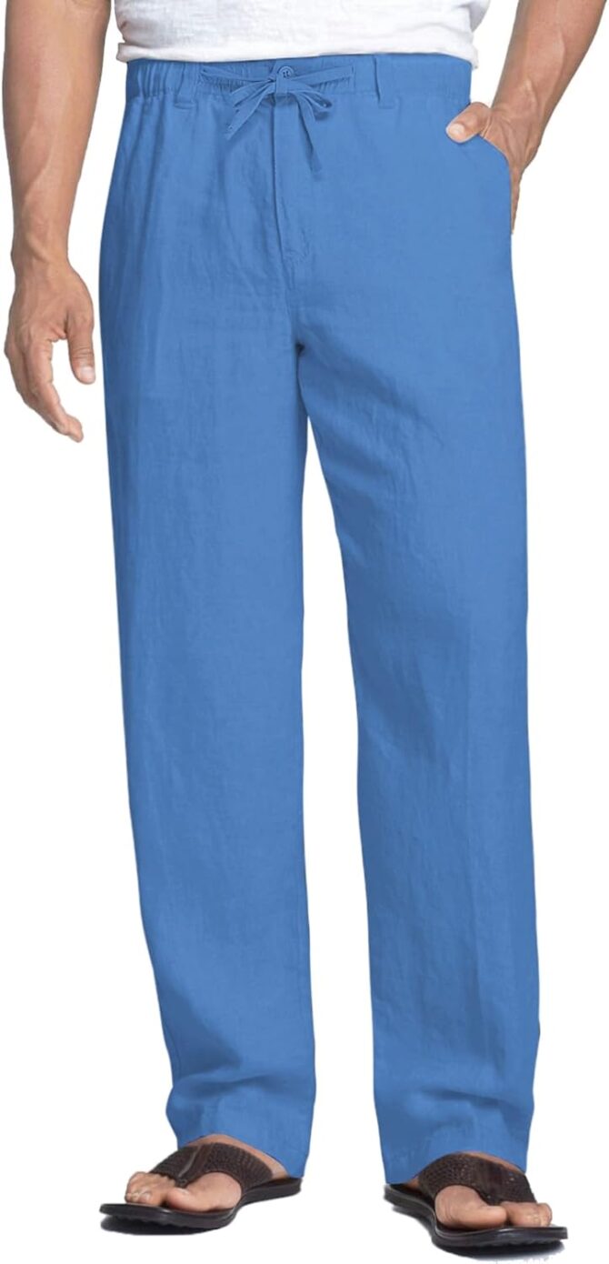 Men's Casual Linen Pants Elastic Waist Drawstring Beach Summer Pants Lightweight Linen Trousers