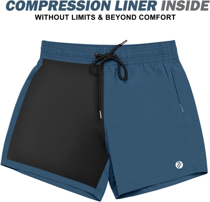 Mens Swim Trunks Swim Shorts Quick Dry 5 inch Inseam Beach Shorts with Compression Liner and Zipper Pocket - Image 2