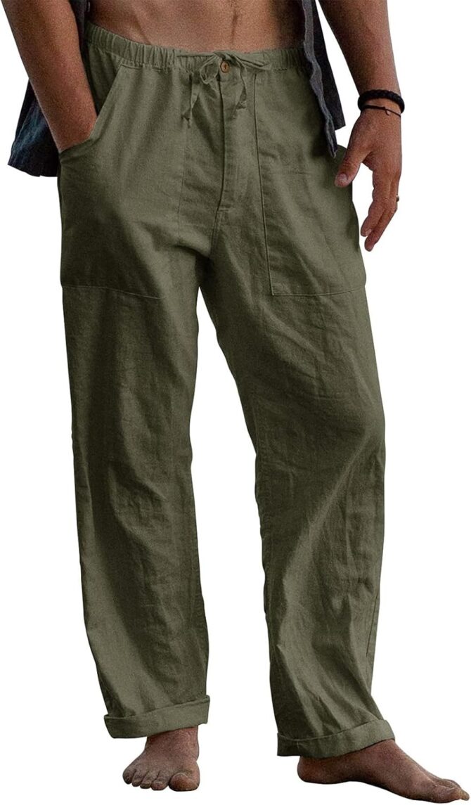 Mens Linen Pants Elastic Waist Drawstring Loose Fit Casual Summer Beach Pants with Pockets Baggy Trousers
