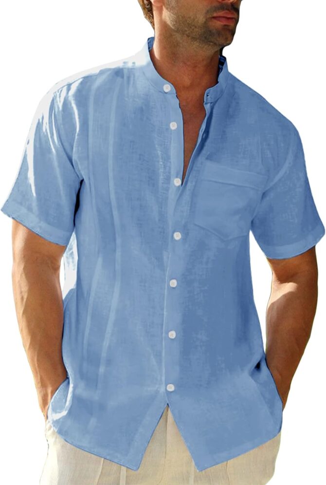 Mens Short Sleeve Cuban Camp Guayabera Shirt Linen Cotton Hippie Beach Button Down Shirts