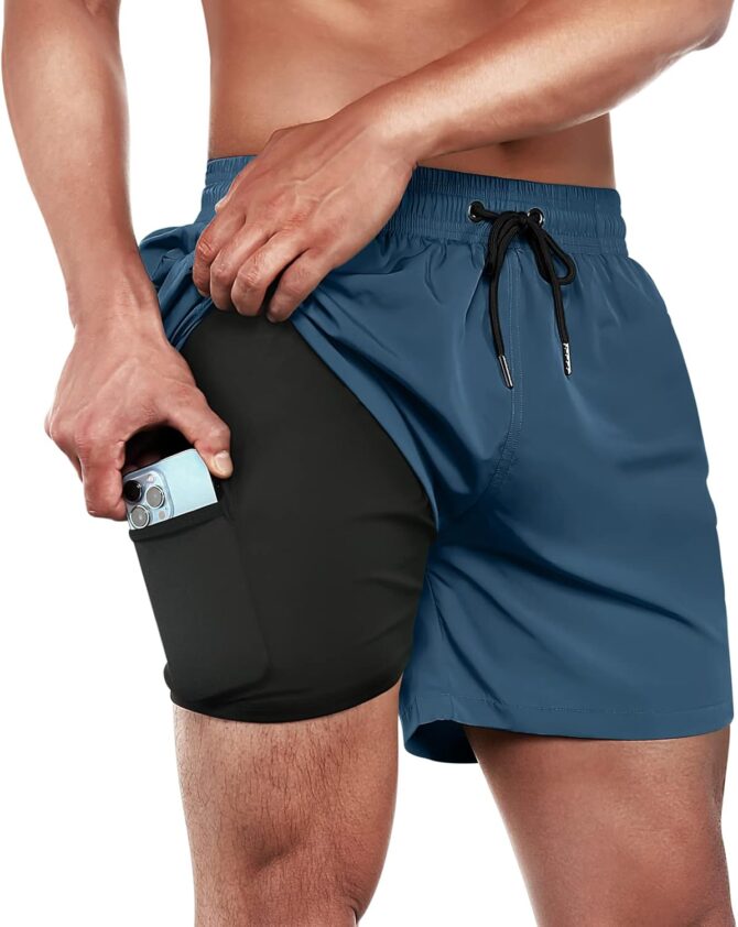 Mens Swim Trunks Swim Shorts Quick Dry 5 inch Inseam Beach Shorts with Compression Liner and Zipper Pocket