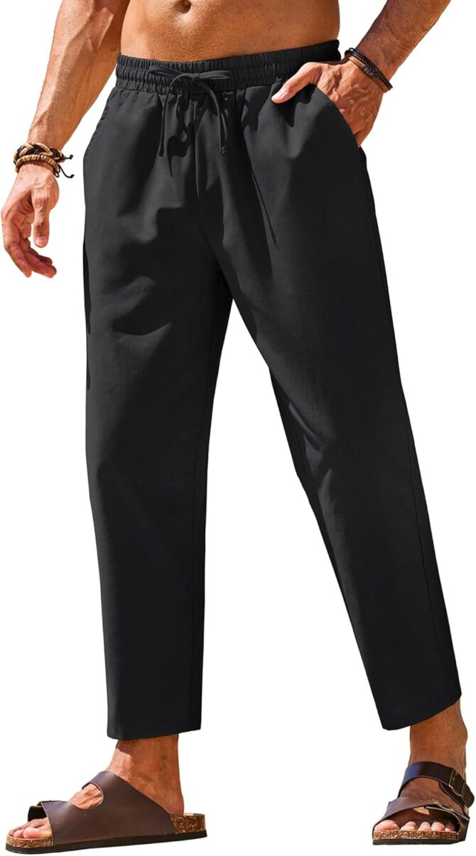 Mens Linen Casual Pants Elastic Waist Drawstring Trousers Yoga Beach Summer Pants