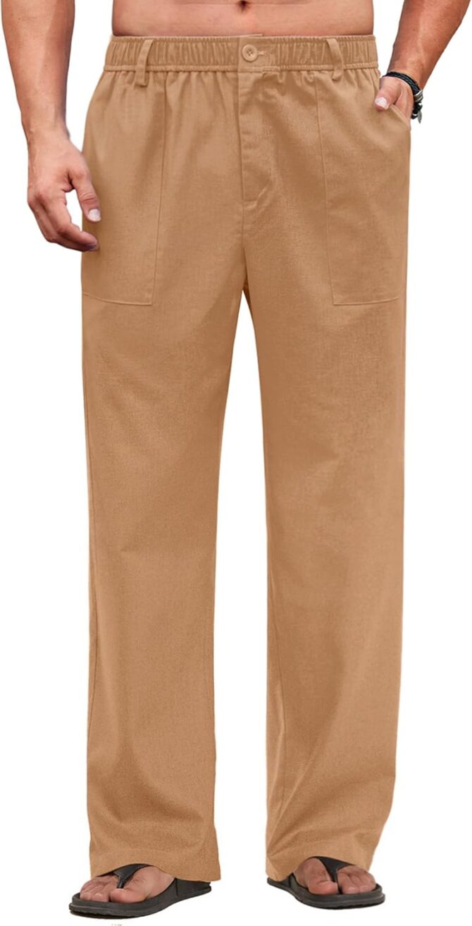 Men's Casual Linen Cotton Pants Elastic Waist Summer Beach Trousers Lightweight Yoga Vacation Pants