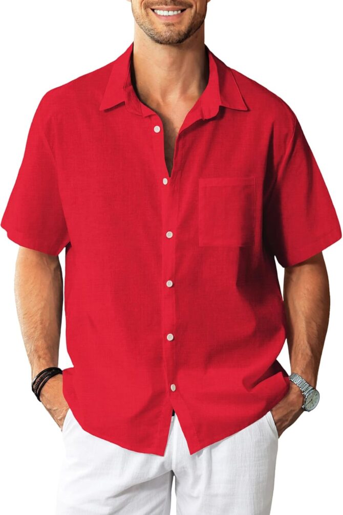 Linen Shirts for Men: Casual Cotton Mens Short Sleeve Button Down Shirts Beach Wedding Summer Clothes with Pocket