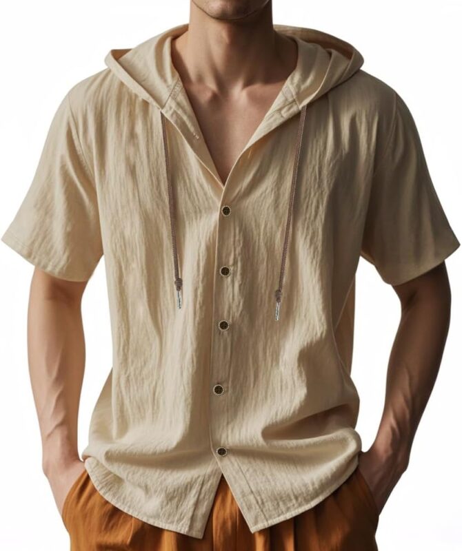 Men’s Summer Linen Shirt Short Sleeved Button Down Shirts Lightweight Cardigan Hooded Shirt Outdoor Casual Tops - Image 2