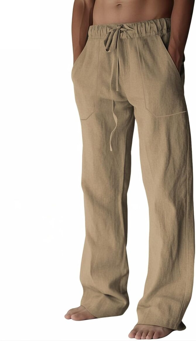 Men's Linen Pants Summer Cotton Beach Trousers Casual Lightweight Elastic Drawstring Waist Yoga Pants