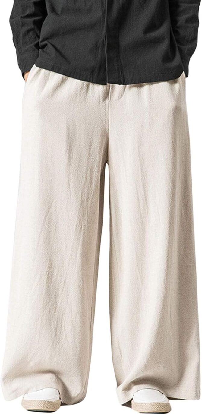 Mens Linen Pants Casual Wide Leg Baggy Pants Summer Cotton Elastic Waist Yoga Beach Palazzo Trousers
