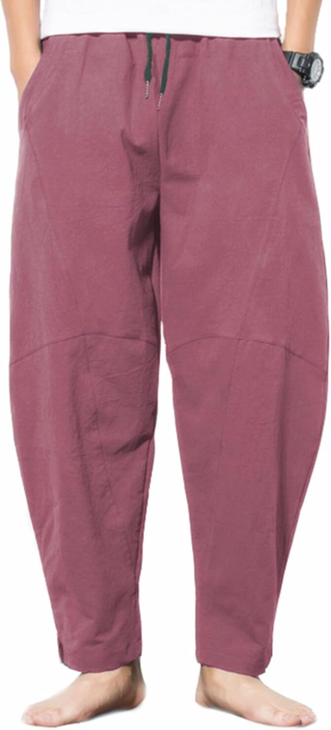 Men's Casual Cotton Linen Pants Elastic Waist Drawstring Beach Summer Lightweight Trousers - Image 2