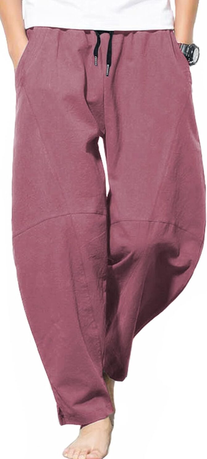 Men's Casual Cotton Linen Pants Elastic Waist Drawstring Beach Summer Lightweight Trousers