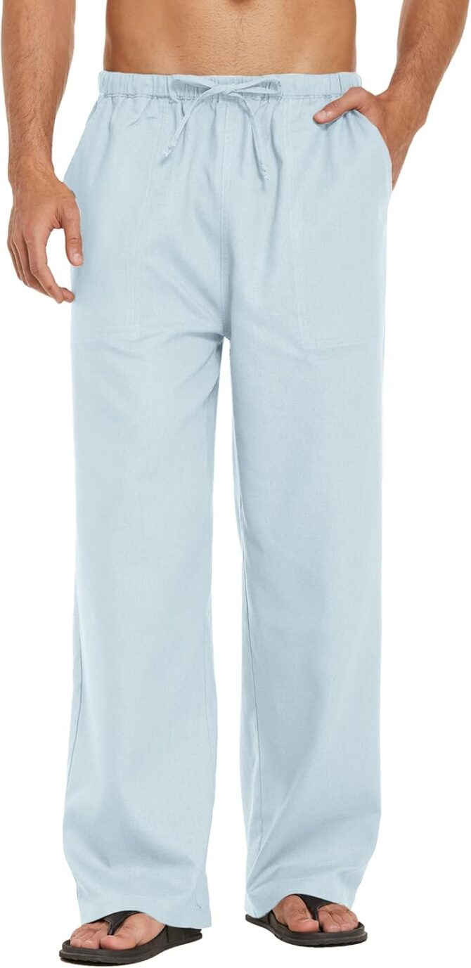 Mens Casual Linen Pants Elastic Waist Linen Pants Drawstring Summer Beach Yoga Linen Trouser