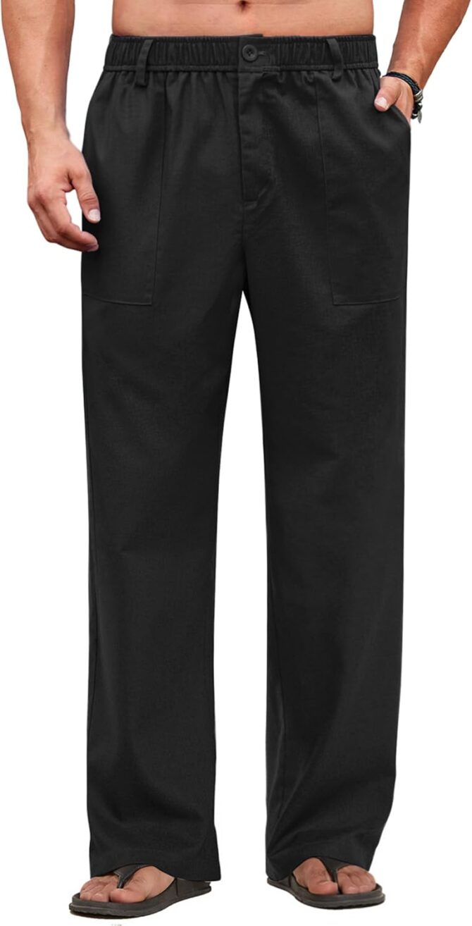 Men's Casual Linen Cotton Pants Elastic Waist Summer Beach Trousers Lightweight Yoga Vacation Pants
