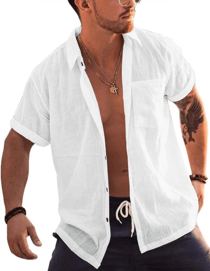 Mens Short Sleeve Button Up Shirts Linen Cotton Beach Tops Spread Collar Plain Summer T Shirt with Pocket