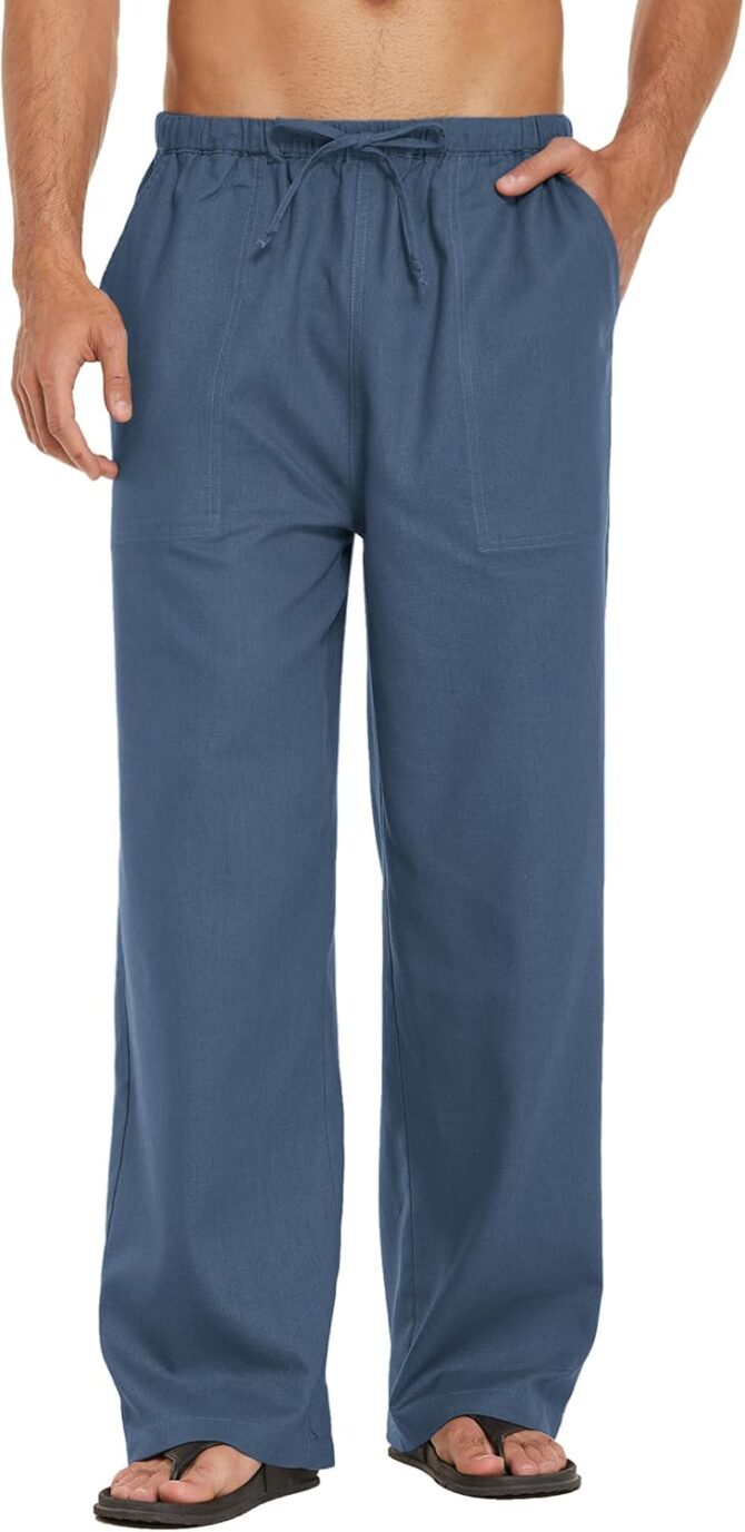 Mens Casual Linen Pants Elastic Waist Linen Pants Drawstring Summer Beach Yoga Linen Trouser
