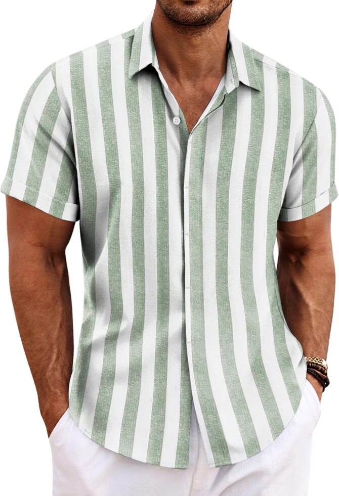 Men's Linen Shirts Short Sleeve Casual Shirts Button Down Shirt for Men Beach Summer Wedding Shirt