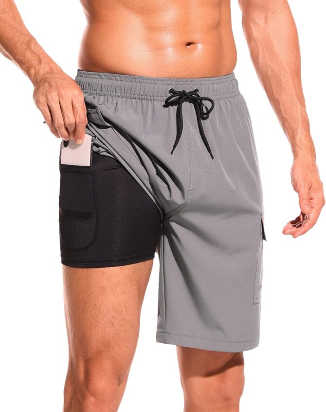Men's Swim Trunks with Compression Liner Quick Dry Bathing Suits 9 Inch Swimming Shorts with Cargo Pockets