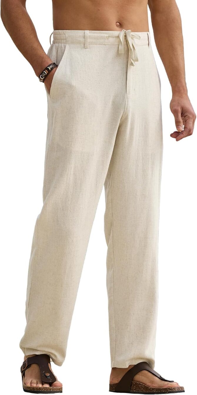 Men's Linen Pants Casual Beach Summer Vacation Linen Dress Pants Loose Fit