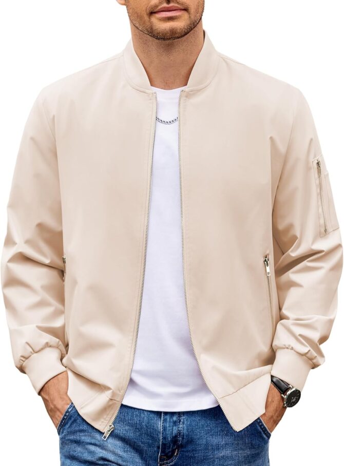 Men Bomber Jacket Lightweight Casual Windbreaker Zip Up Coat Fashion Stylish Fall Jackets with Pocket