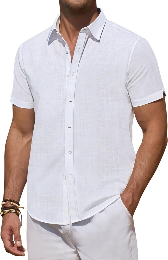 Linen Shirts for Men Short Sleeve Button Down Shirts Summer Beach Casual Linen Button Up Shirt Vacation Wedding