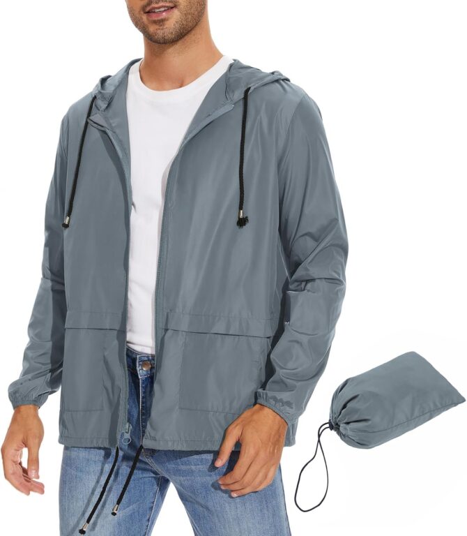 Packable Mens Rain Jacket Lightweight Raincoat Waterproof with Hood Outdoor Windbreaker Jacket Travel Rain Jackets