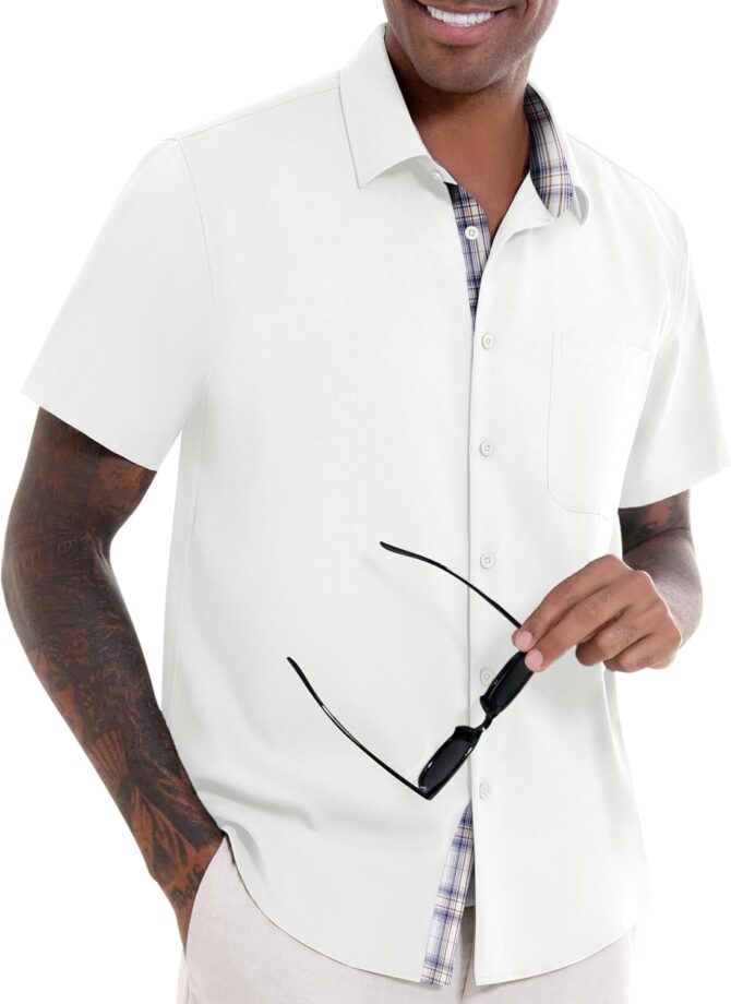 Mens Linen Shirts Summer Short Sleeve Button Down Beach Vacation Wedding Shirt Tops with Pocket