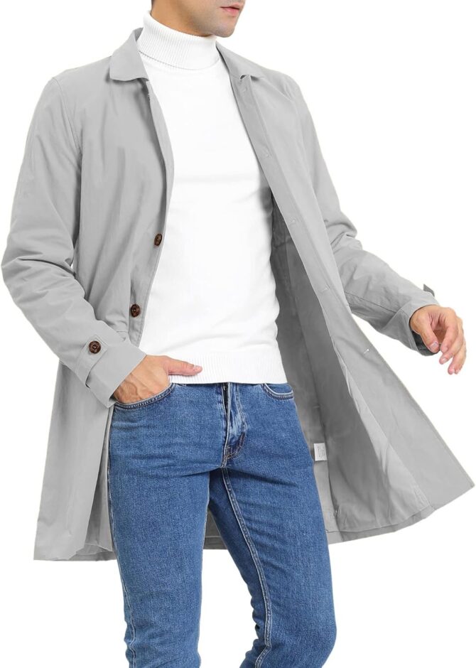 Mens Trench Coat Slim Fit Single Breasted Casual Long Jacket Lightweight Lapel Fall Windbreaker Overcoat - Image 2