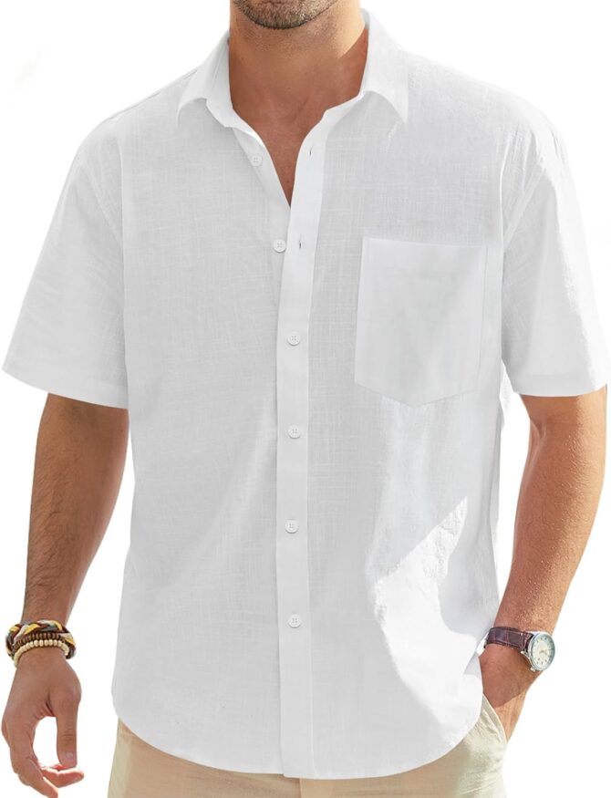 Men's Cotton Linen Short Sleeve Shirts Casual Lightweight Button Down Shirts Vacation Beach Summer Tops with Pocket