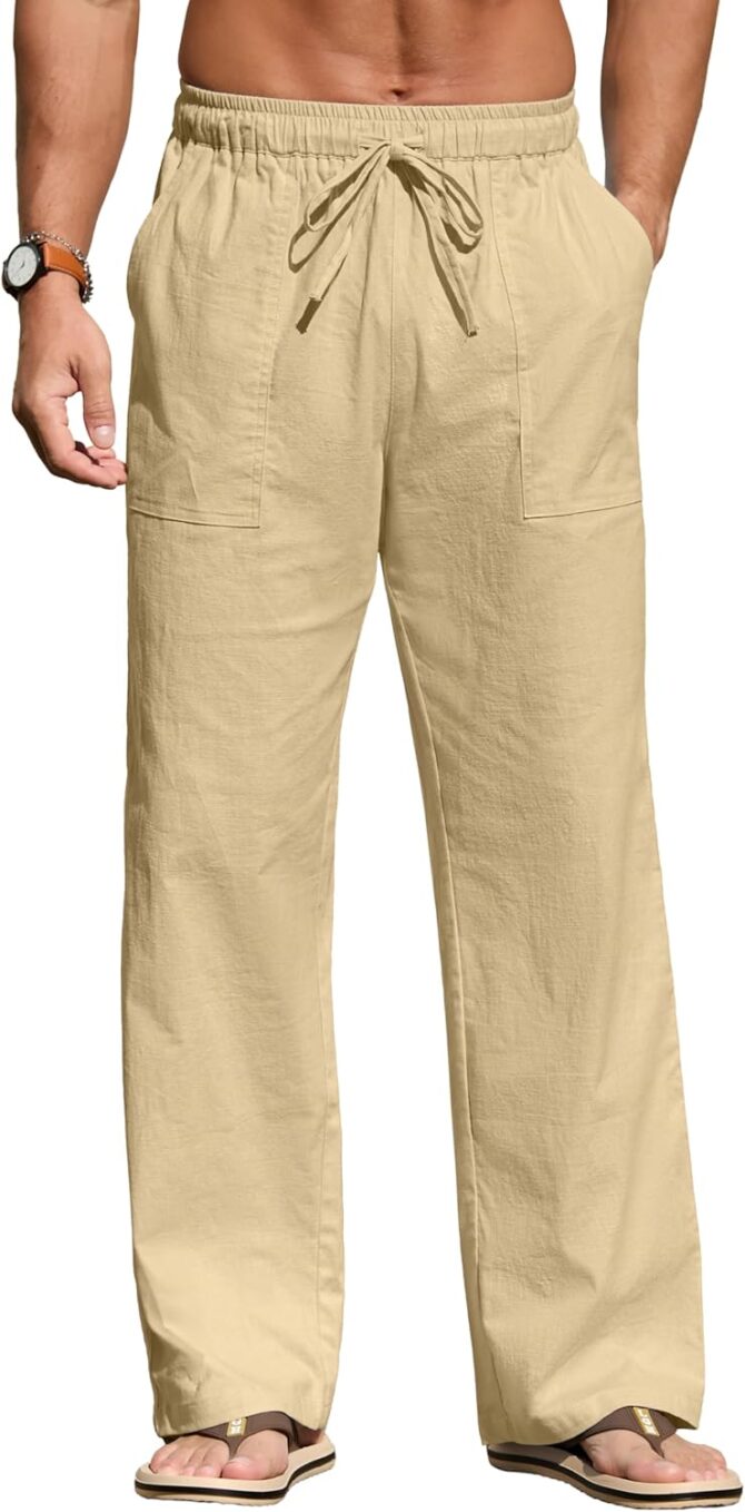 Men's Casual Linen Pants Beach Summer Elastic Waist Drawstring Pants Lightweight Linen Trousers