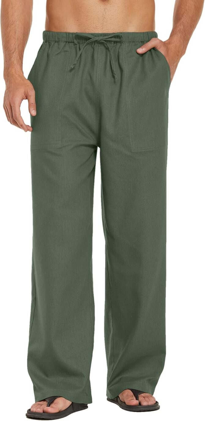 Mens Casual Linen Pants Elastic Waist Linen Pants Drawstring Summer Beach Yoga Linen Trouser