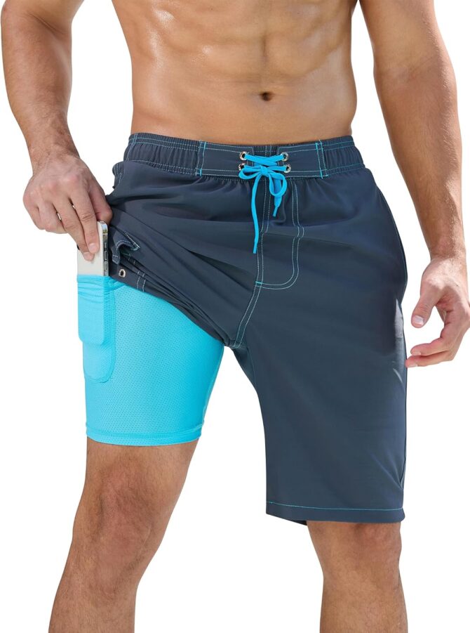 Mens Swim Trunks with Compression Liner Quick-Dry 10" Stretch Beach Shorts - Image 2