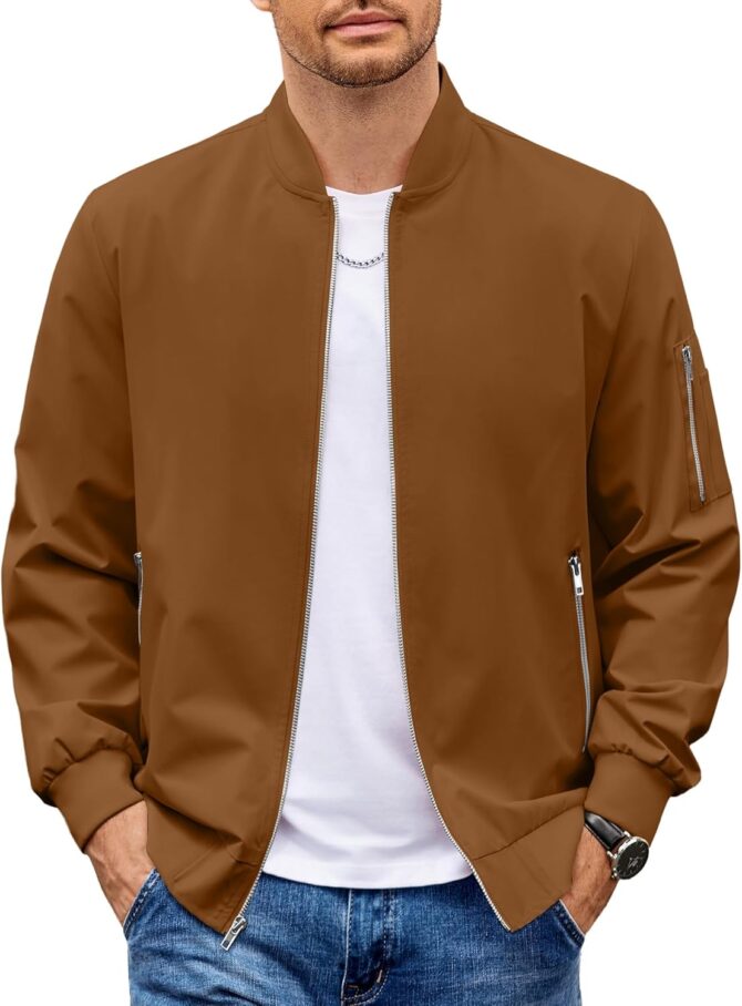 Men Bomber Jacket Lightweight Casual Windbreaker Zip Up Coat Fashion Stylish Fall Jackets with Pocket