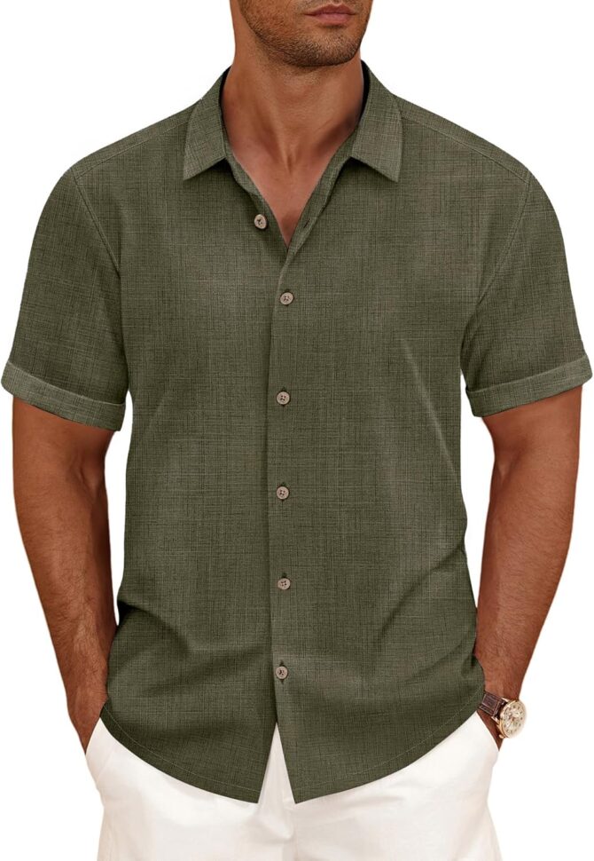 Linen Shirts for Men Casual Short Sleeve Button Down Shirt Cool Summer Beach Wedding Vacation Tops