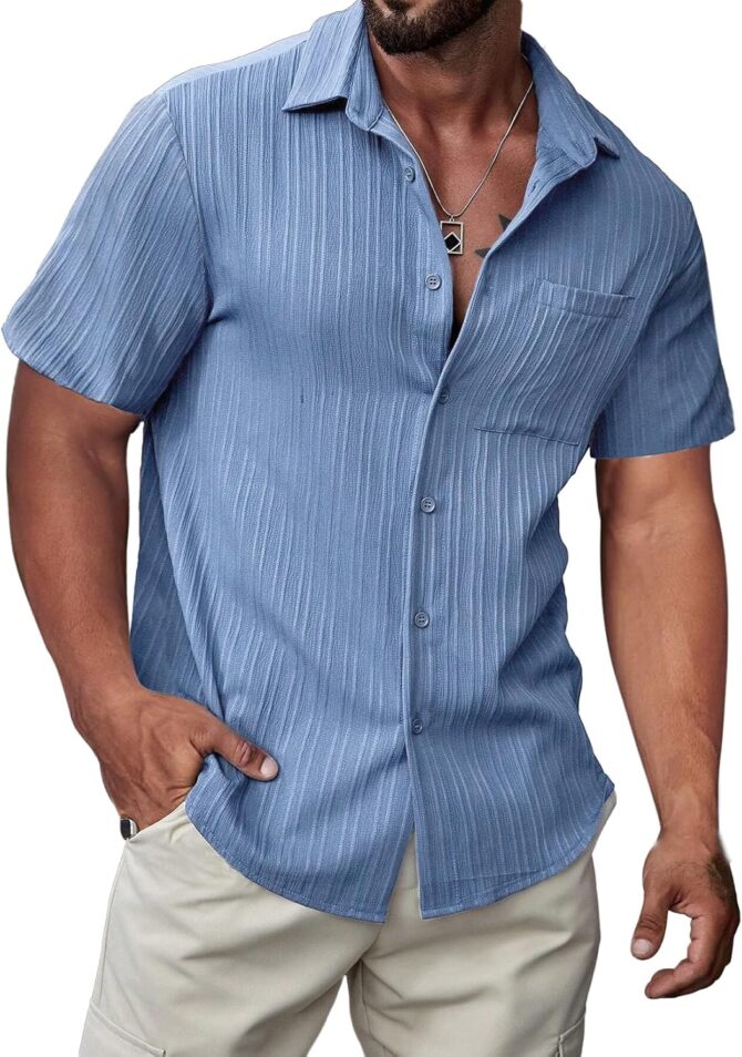 Hawaiian Shirt for Men Button Down Short Sleeve Shirts Textured Casual Summer Beach Linen Shirts