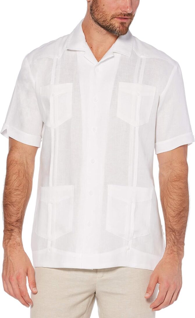 Men's 100% Linen Short Sleeve Button-Down Guayabera Shirt, Four Pockets, Camp Collar, Pintuck Detail, Lightweight