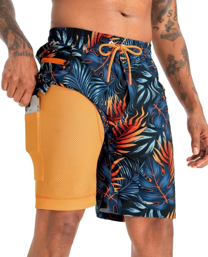 2 in 1 Men's Swim Trunks 9" with Zipper Pockets Bathing Suit Built-in Board Shorts Swimwear Long Shorts