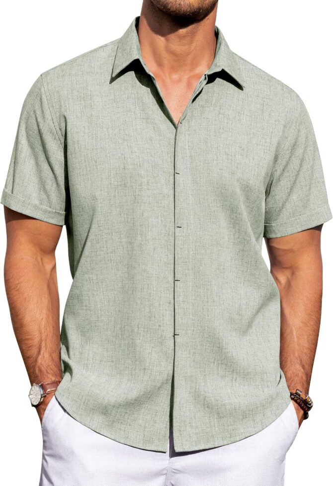 Men's Linen Shirts Casual Short Sleeve Button Down Shirt Beach Summer Vacation Holiday Wedding Cotton Tops