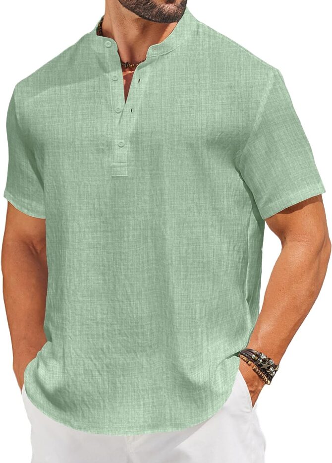 Men's Casual Henley Shirt Short Sleeve Linen Shirt Band Collar Summer Hippie Beach T-Shirts