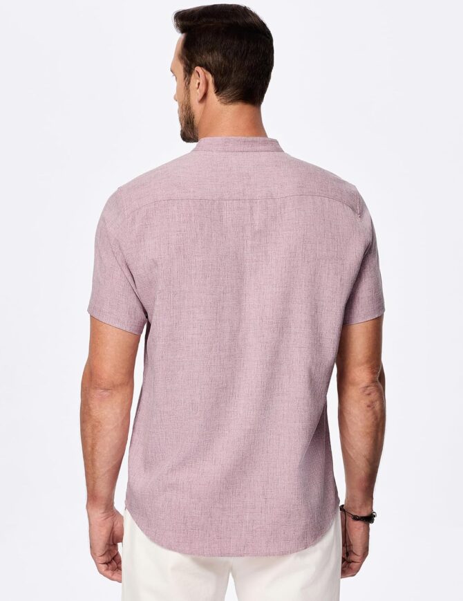 Mens Short Sleeve Linen Henley Shirts Casual Button Down Shirt Summer Beach Wear with Pocket - Image 2