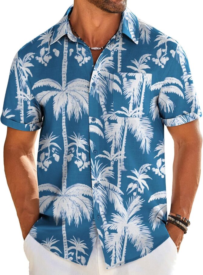Mens Casual Linen Shirt Short Sleeve Button Down Shirt Summer Beach Shirts with Pocket