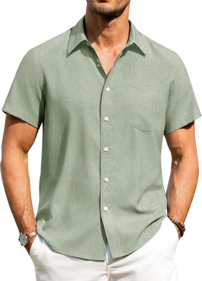 Mens Linen Shirts Short Sleeve Button Down Shirts Wrinkle Free Casual Vacation Beach Summer Tops