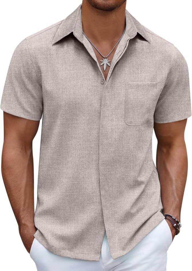 Mens Linen Shirt Casual Short Sleeve Button Down Shirt Summer Beach Vacation Wedding Wear